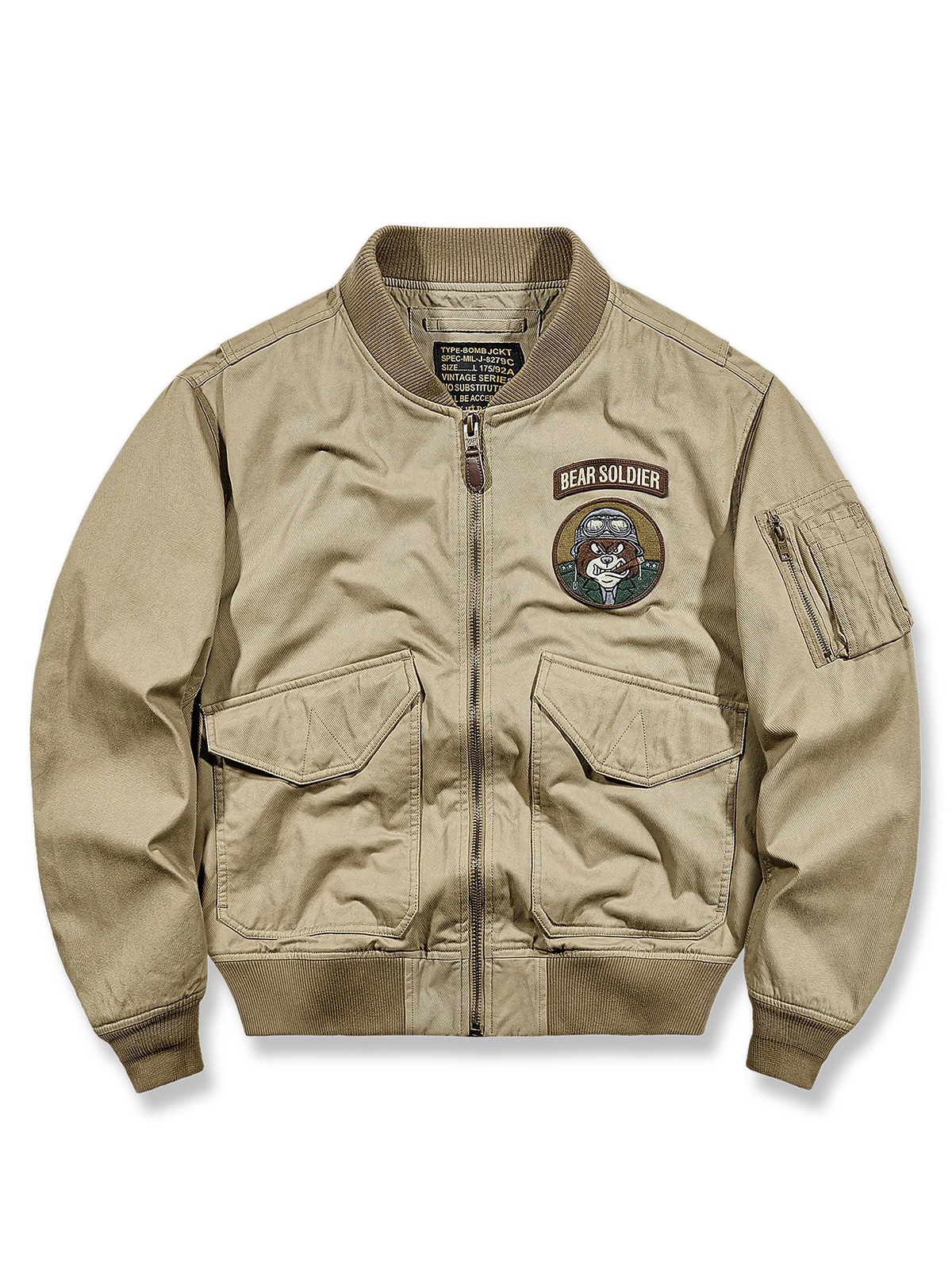 Bear Soldier Voitekのプライベート刺繍が映えるMA-1レザーフライトジャケット