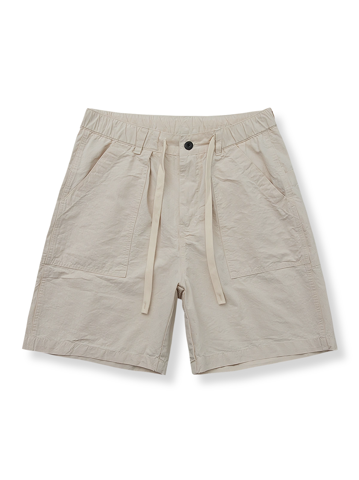 メッシュ調グリッドデザインとドローコードウエストが特徴のベージュワークパンツ