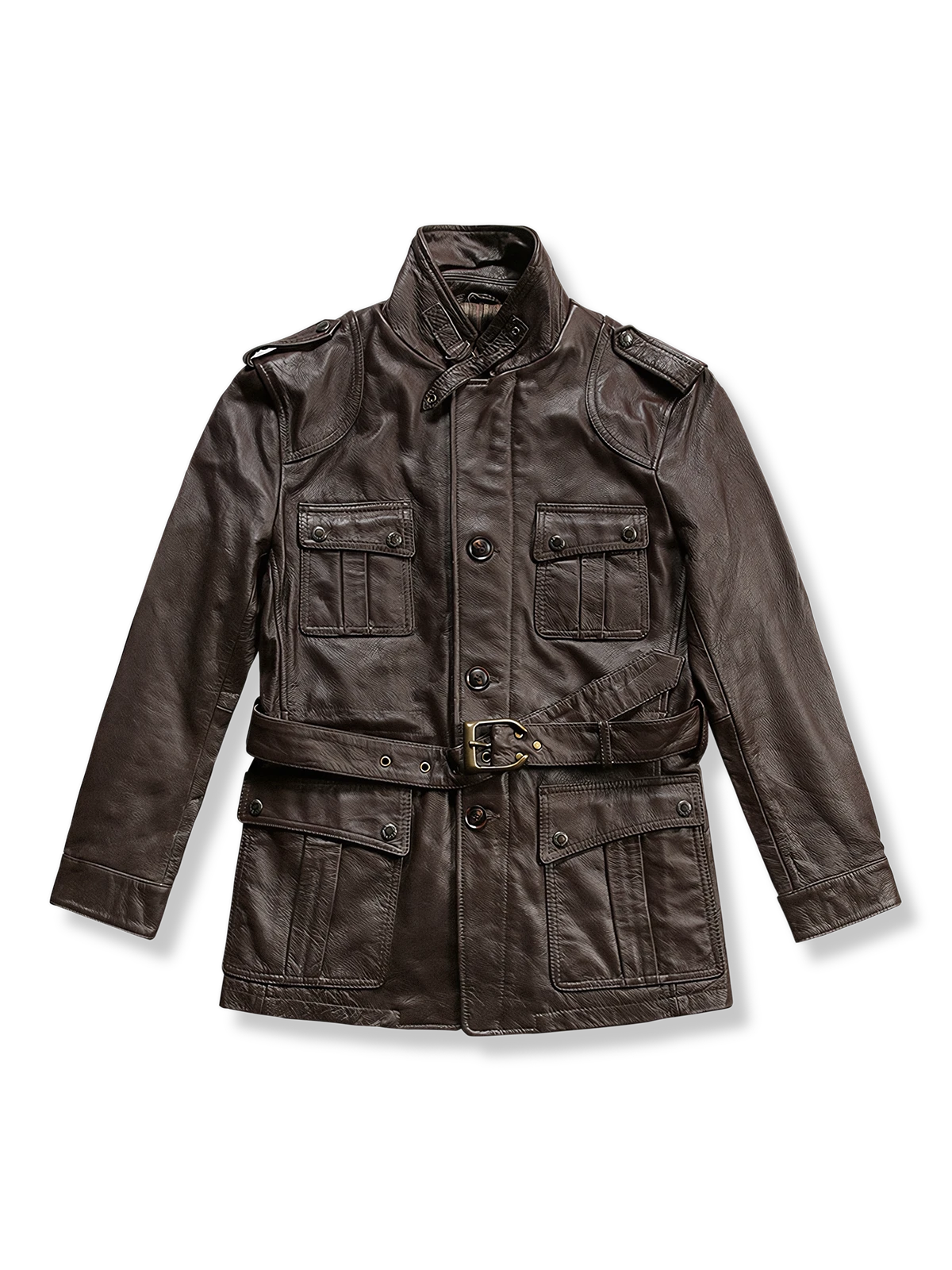 ベルト付き スタンドカラー レザージャケット