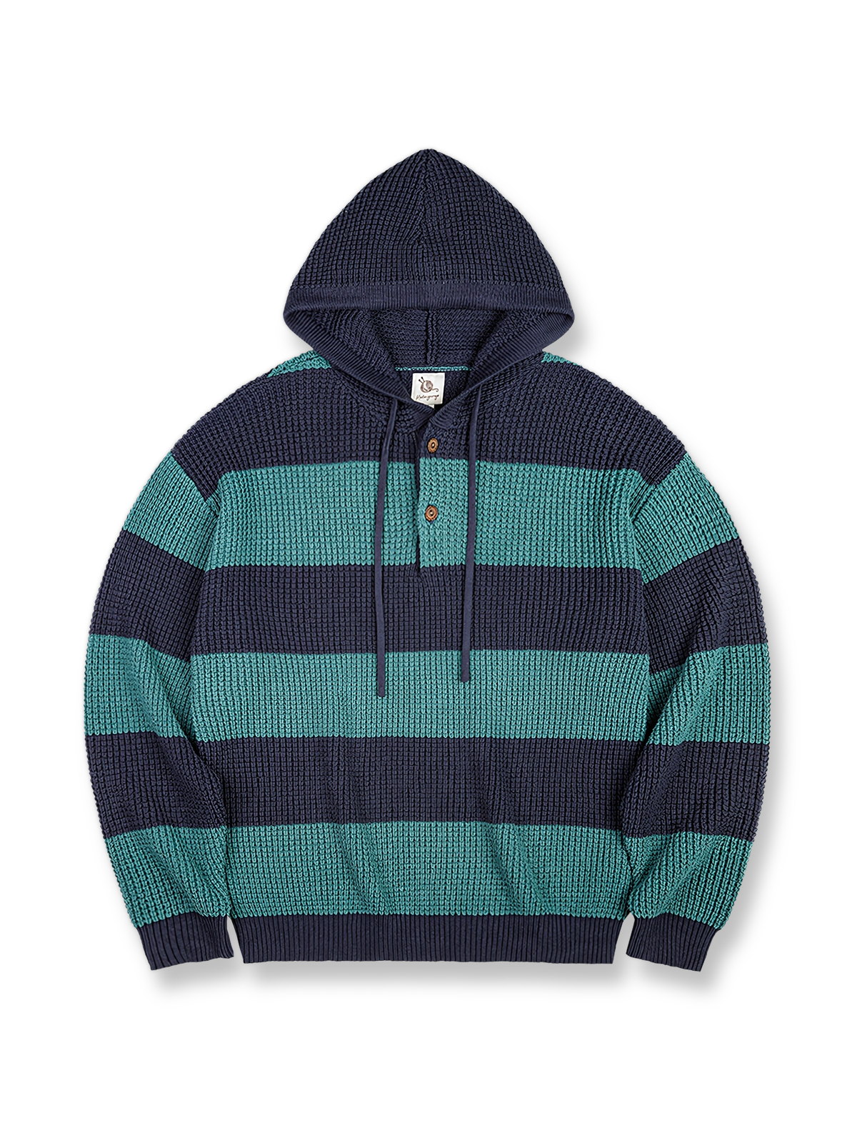 バイカラーワイドストライプとギアボタンが映えるフーデッドニット