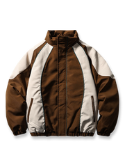 バイカラーアーチ切り替えとスタンドカラーで防風・保温性に優れたルーズフィット中綿ジャケット