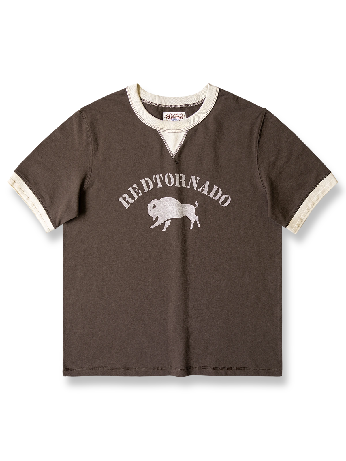 バイカラー袖口とヴィンテージ風ブループリントのオーガニックコットンTシャツ。