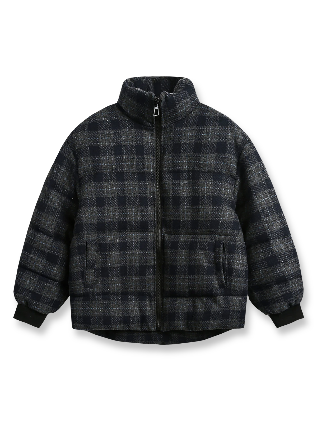 バイカラーのチェック柄ウール混スタンドカラー中綿ジャケット、保温性と防寒性に優れた軽量アウター