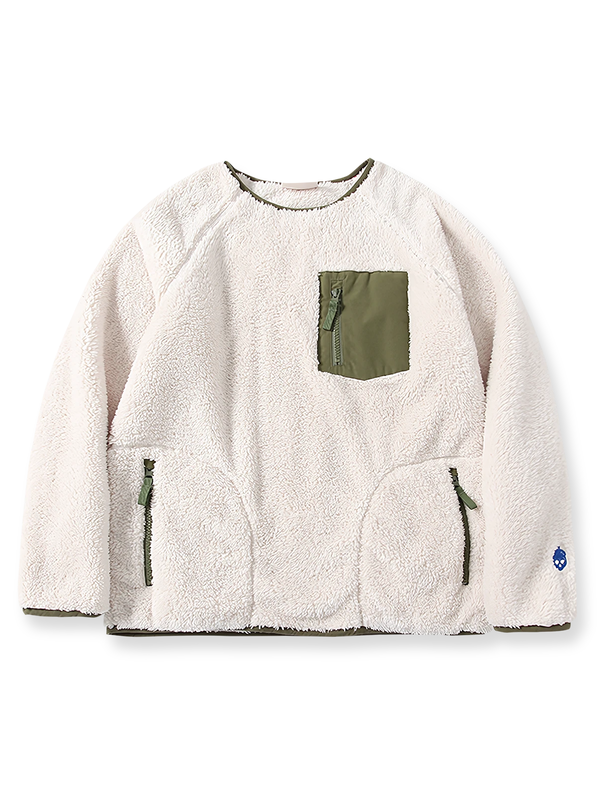 日本製コーラルフリースとパッチワークを使用した保温性高いバイカラースウェット。刺繍ポケットとYKKジッパー付き。