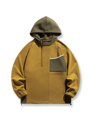 ヴィンテージ感あるバイカラー配色と斜めハーフジップが特徴の裏起毛パーカー、袖口ゴム仕様、裾ドローコード付き