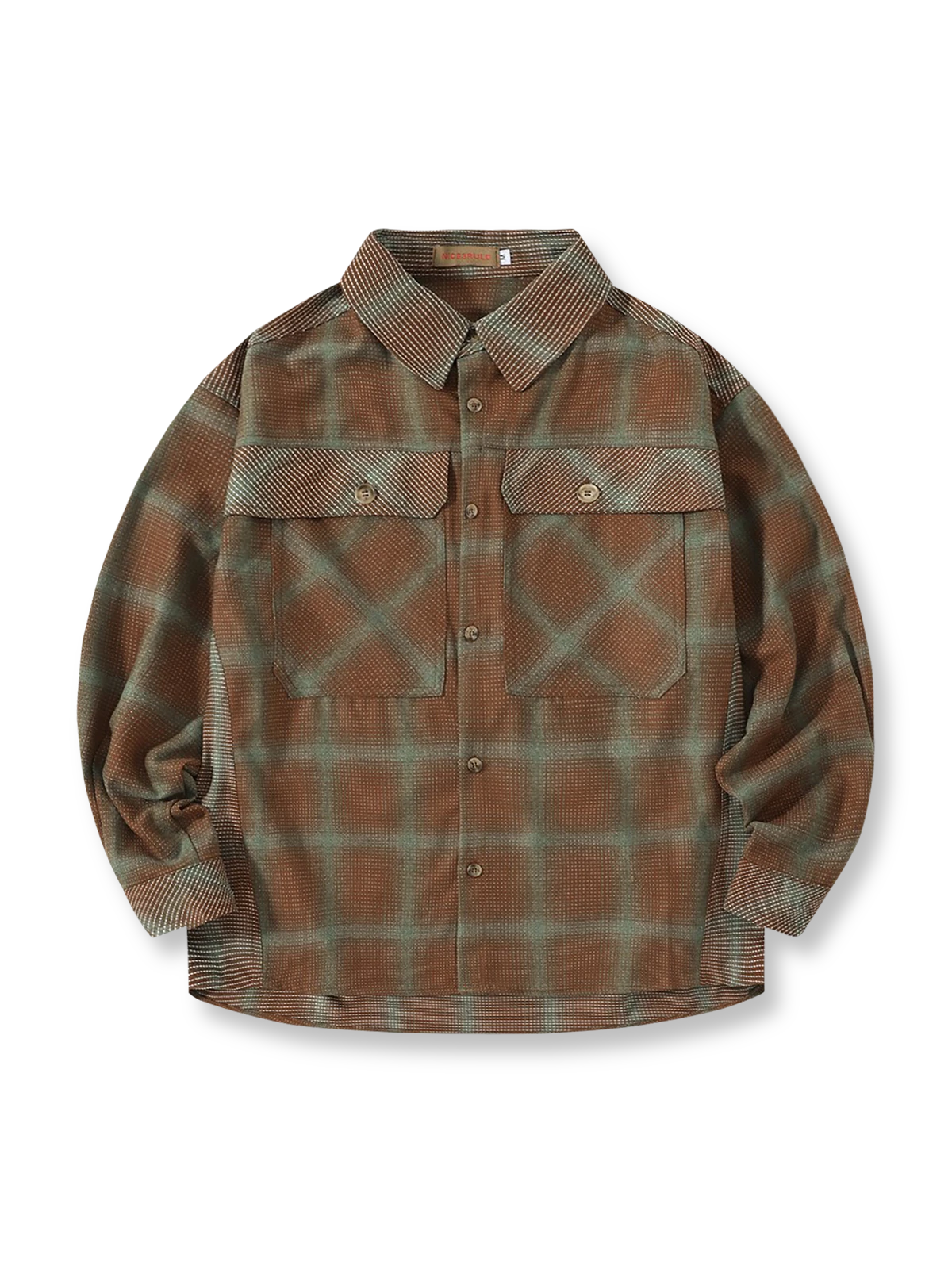 バイカラーのパッチワークが特徴的な耐久性コットン素材のチェック長袖シャツ