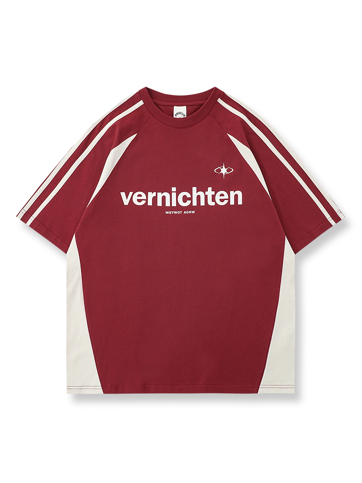 バイカラー切り替えとレーシングレタリングプリントが施された半袖Tシャツの前面が見える商品画像