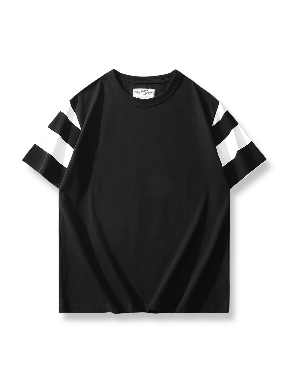 黒と白のバイカーストライプ柄が施された半袖Tシャツ