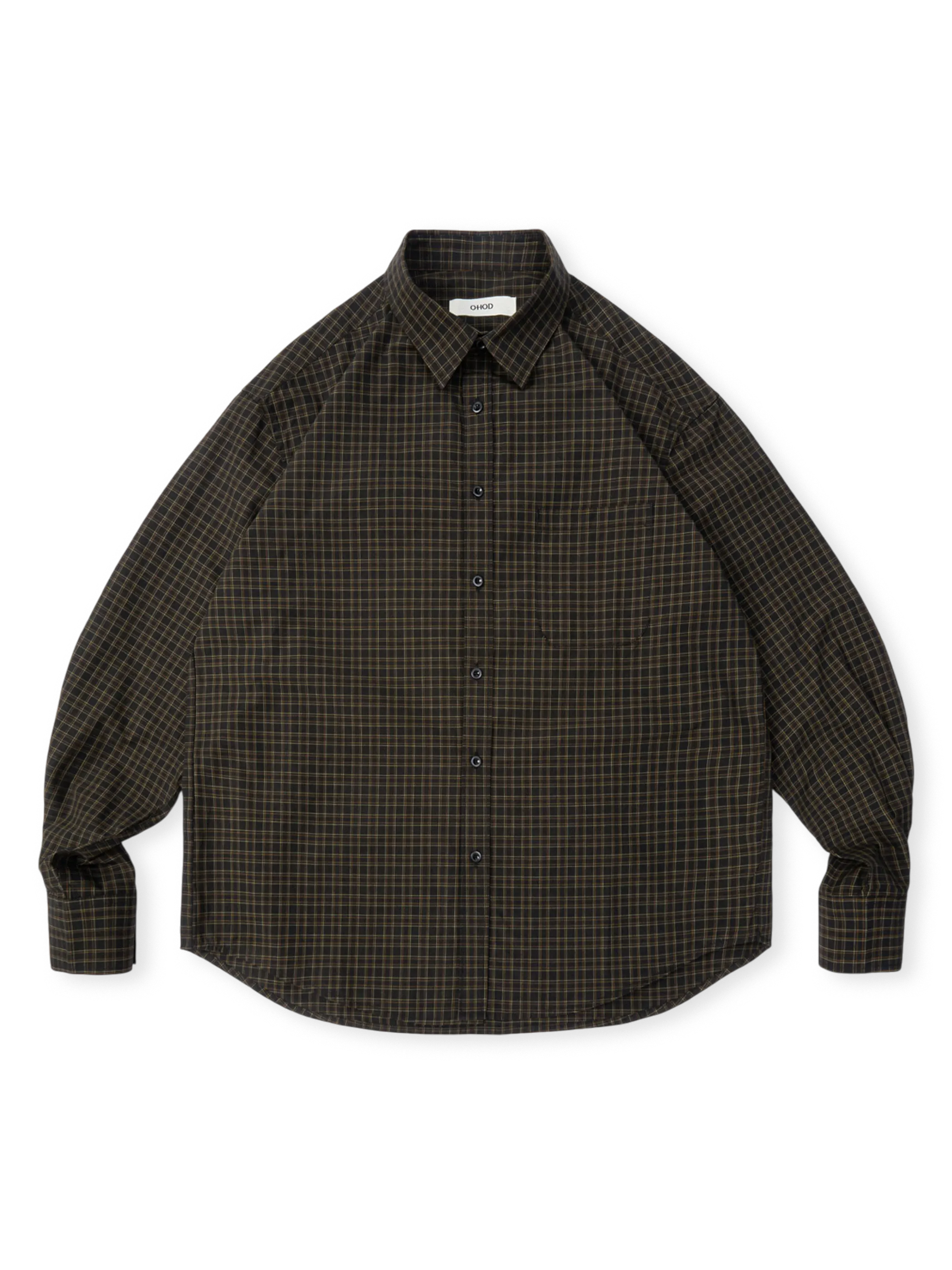 ダークトーンベースにカラースレッドのチェック柄。ルーズフィットと弧形裾が特徴のブラックチェックシャツ。