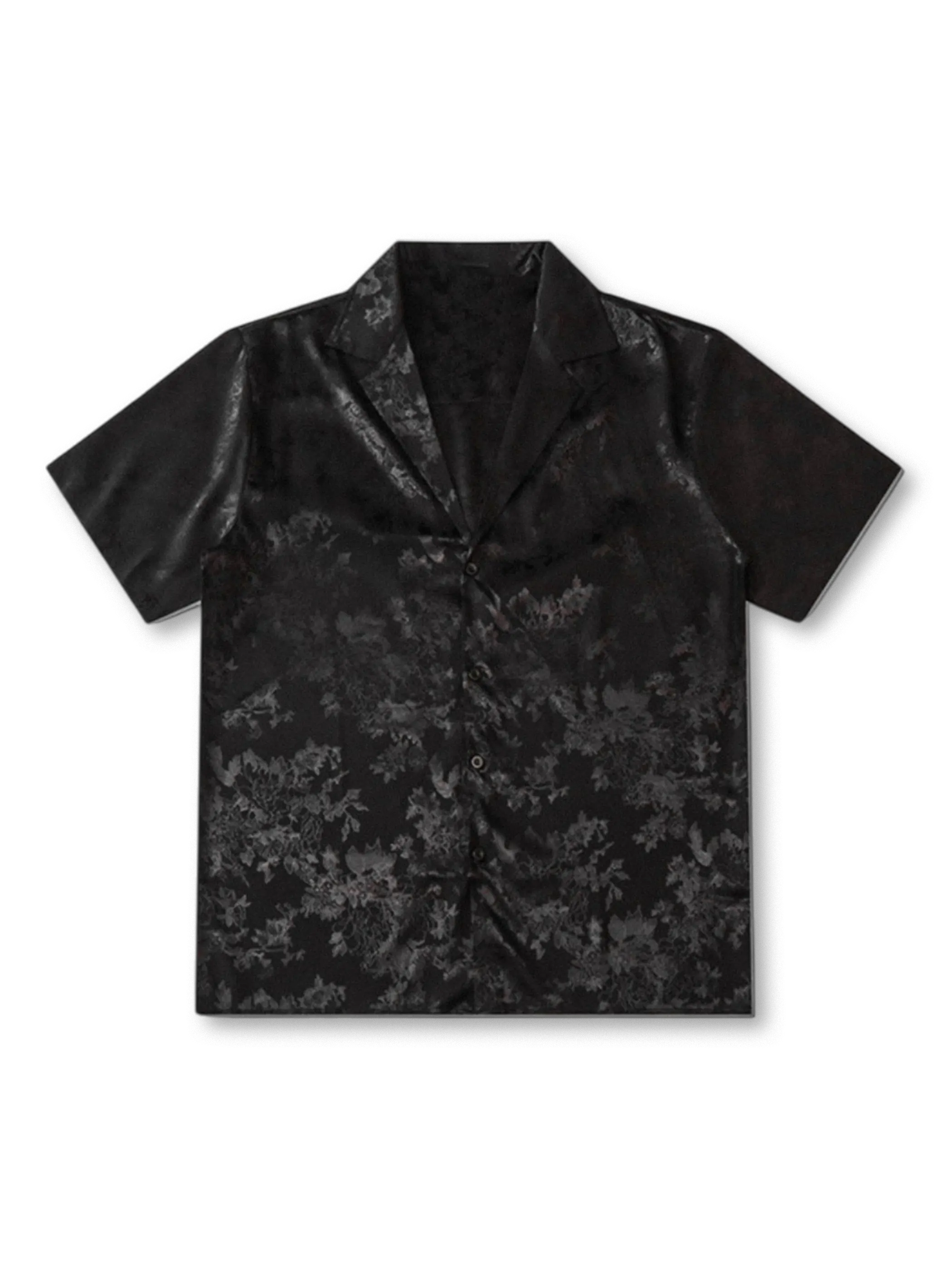 トーンオントーンの花柄プリントが上品なモノトーンオープンカラーシャツ