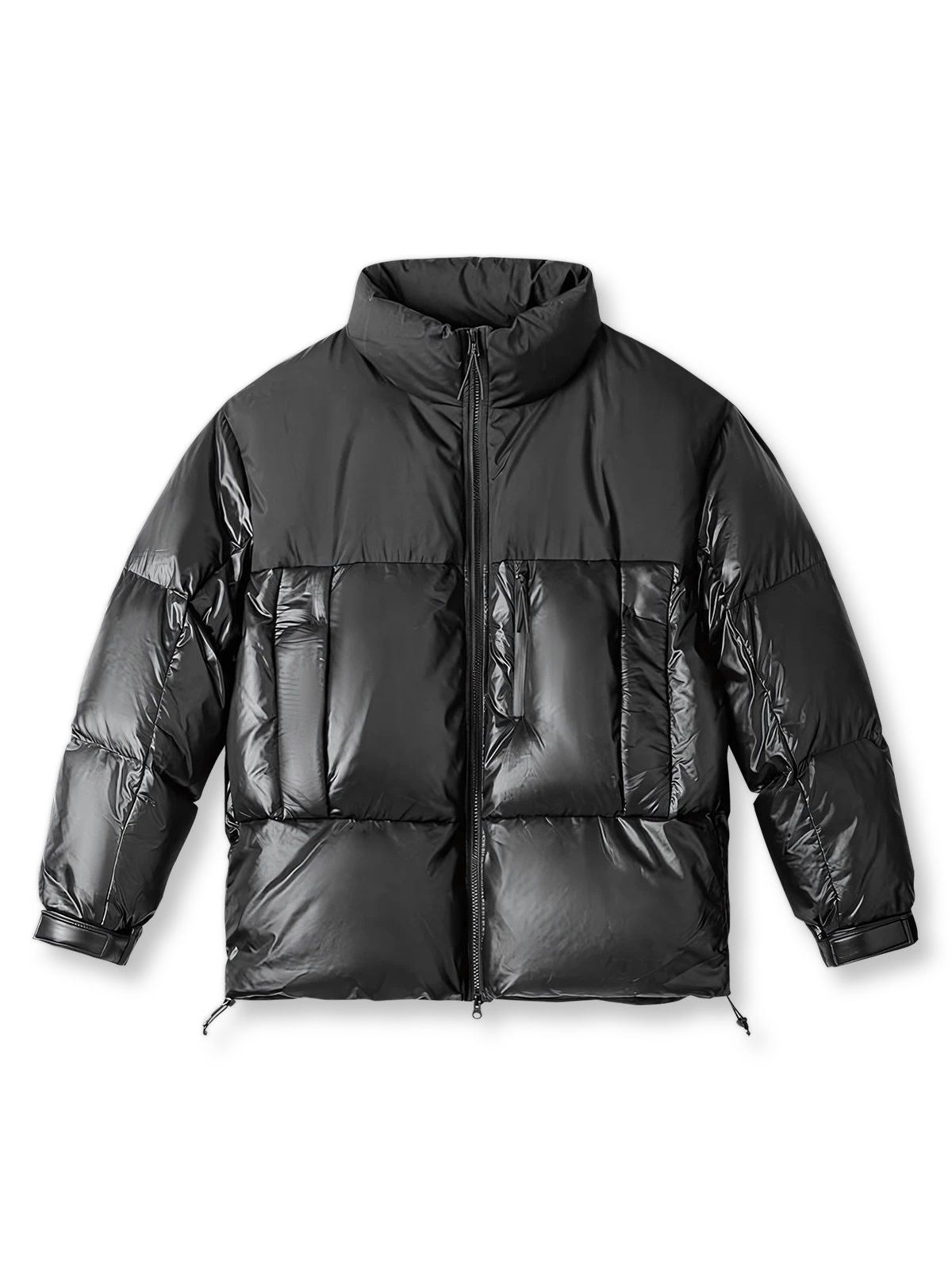 リキッドメタルブラックとマットブラックのピンキングデザイン、90%ホワイトダックダウンの三層キルティング&四層ロックダウン構造を備えた防寒ダウンジャケット。