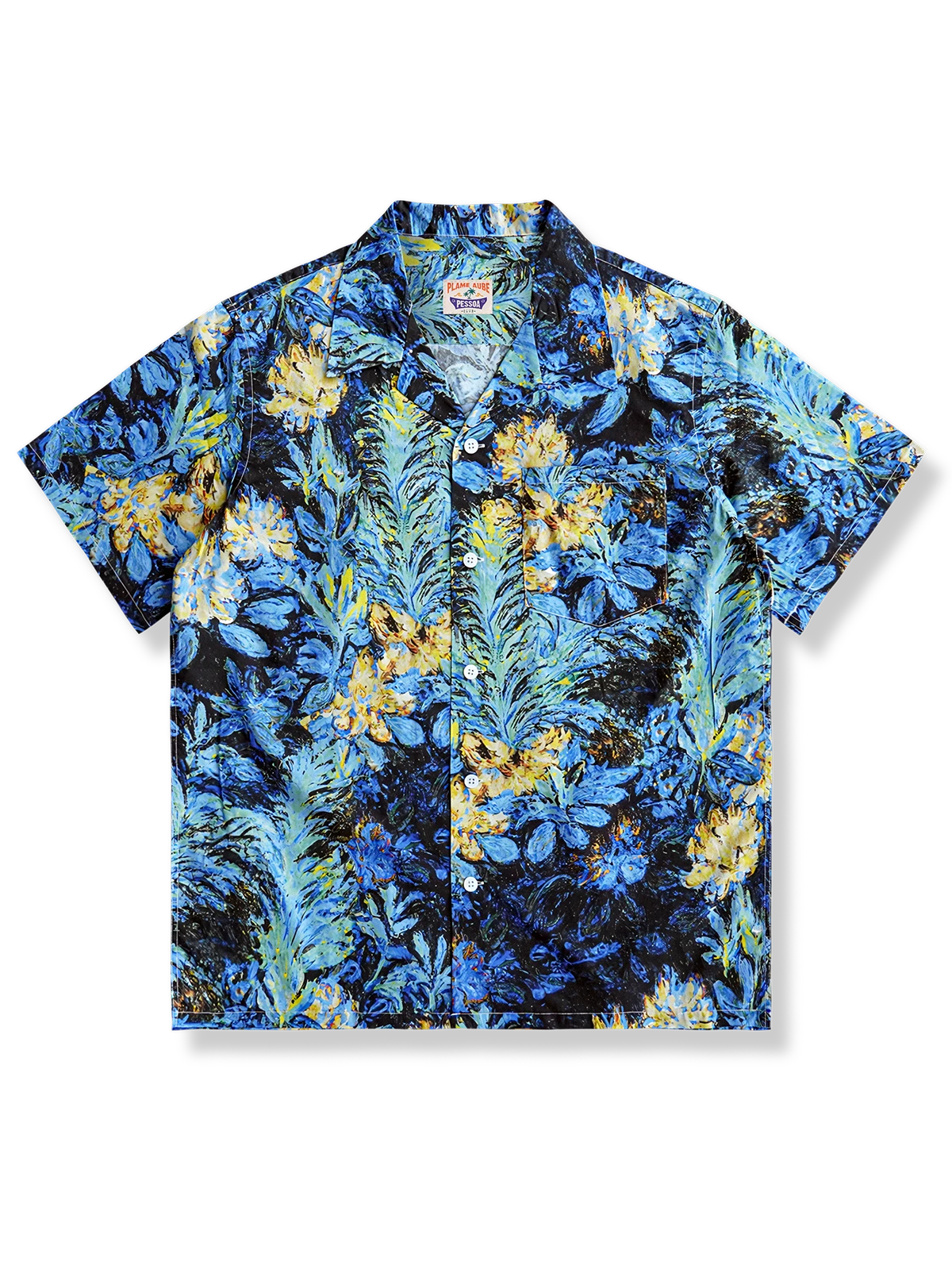 油絵風ブルーフラワー柄とキューバ襟を持つゆったりシルエットのコットンアロハシャツ
