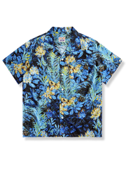 油絵風ブルーフラワー柄とキューバ襟を持つゆったりシルエットのコットンアロハシャツ