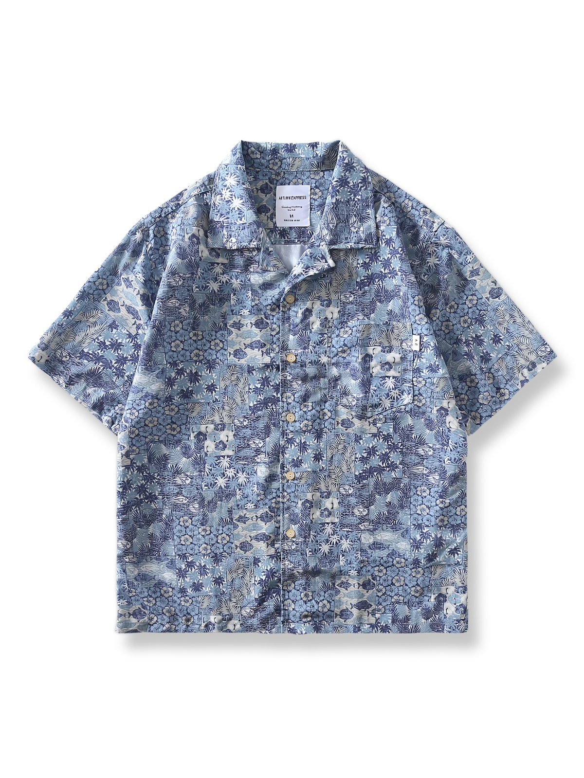 ヴィクトリア朝風のブループリントが施されたポリエステル半袖シャツ