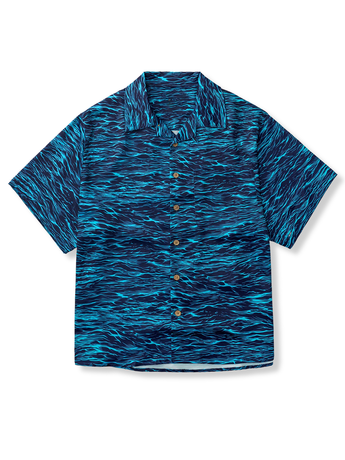 深海をイメージしたブルーの波柄アロハシャツ。