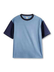 ダイヤモンドブルーとネイビーの配色切り替えが映えるエアレイヤーニットTシャツ