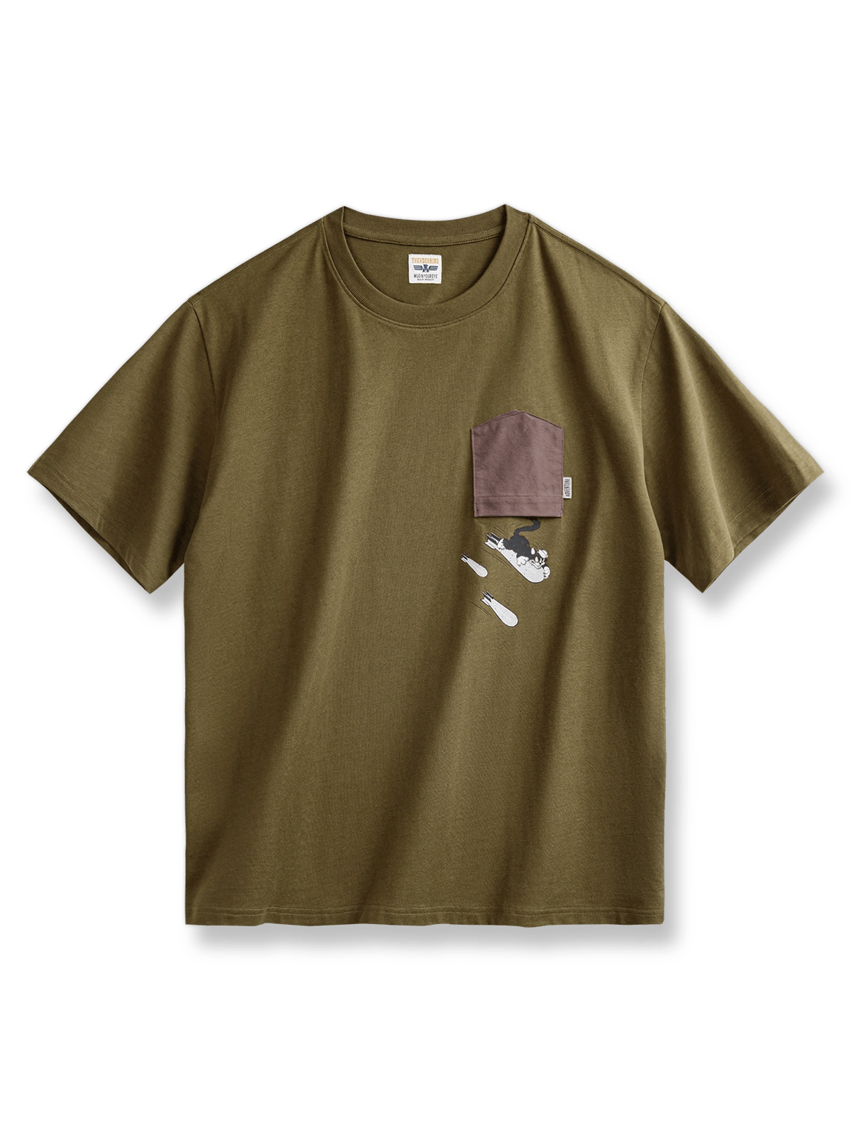 Bomb Catキャラクタープリントのヴィンテージ風コットンTシャツ。