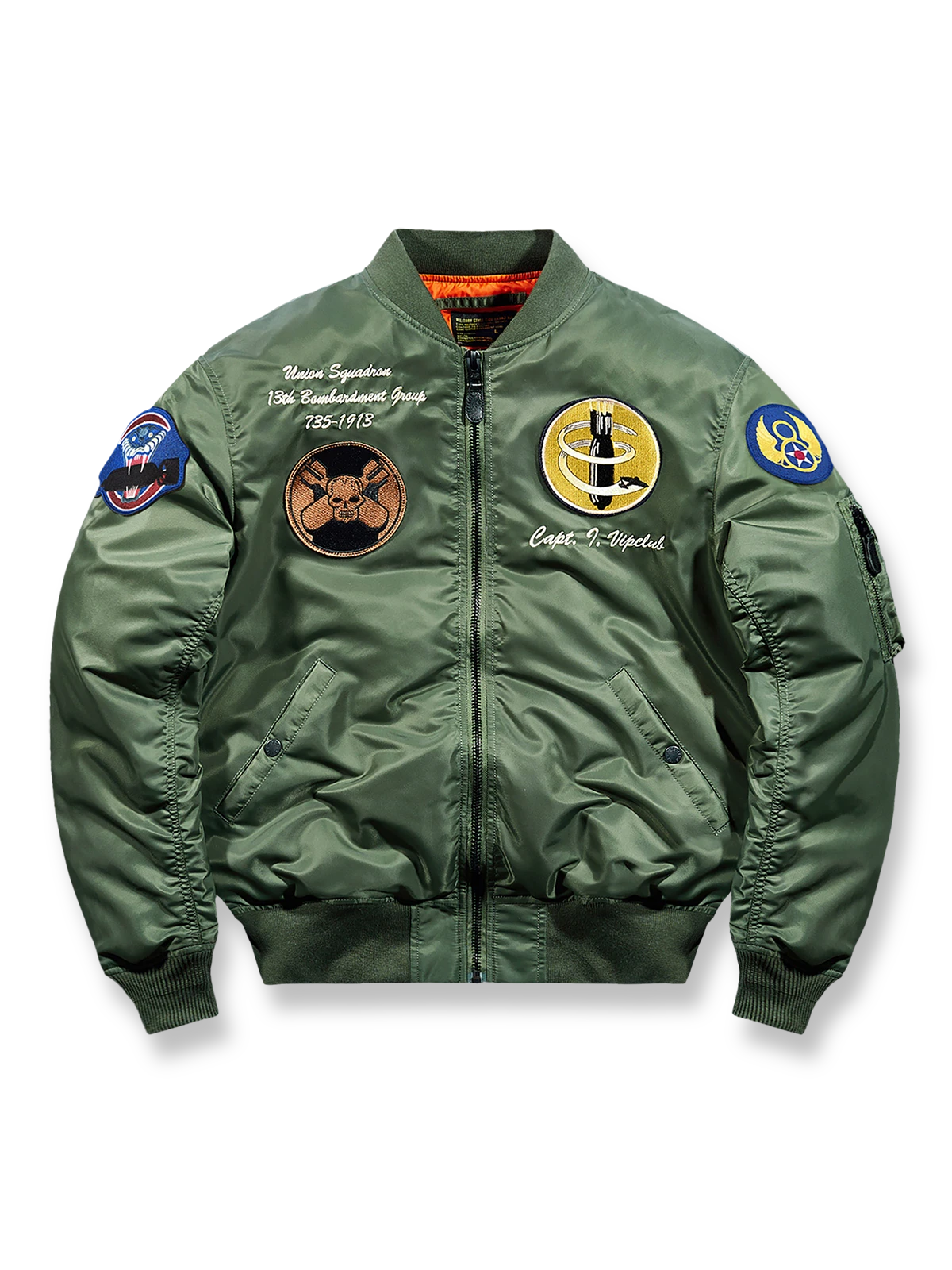 爆撃機部隊エンブレム刺繍と救命オレンジ裏地を備えたダックダウンパイロットジャケット。保温性・軽量性・実用ポケットを両立。