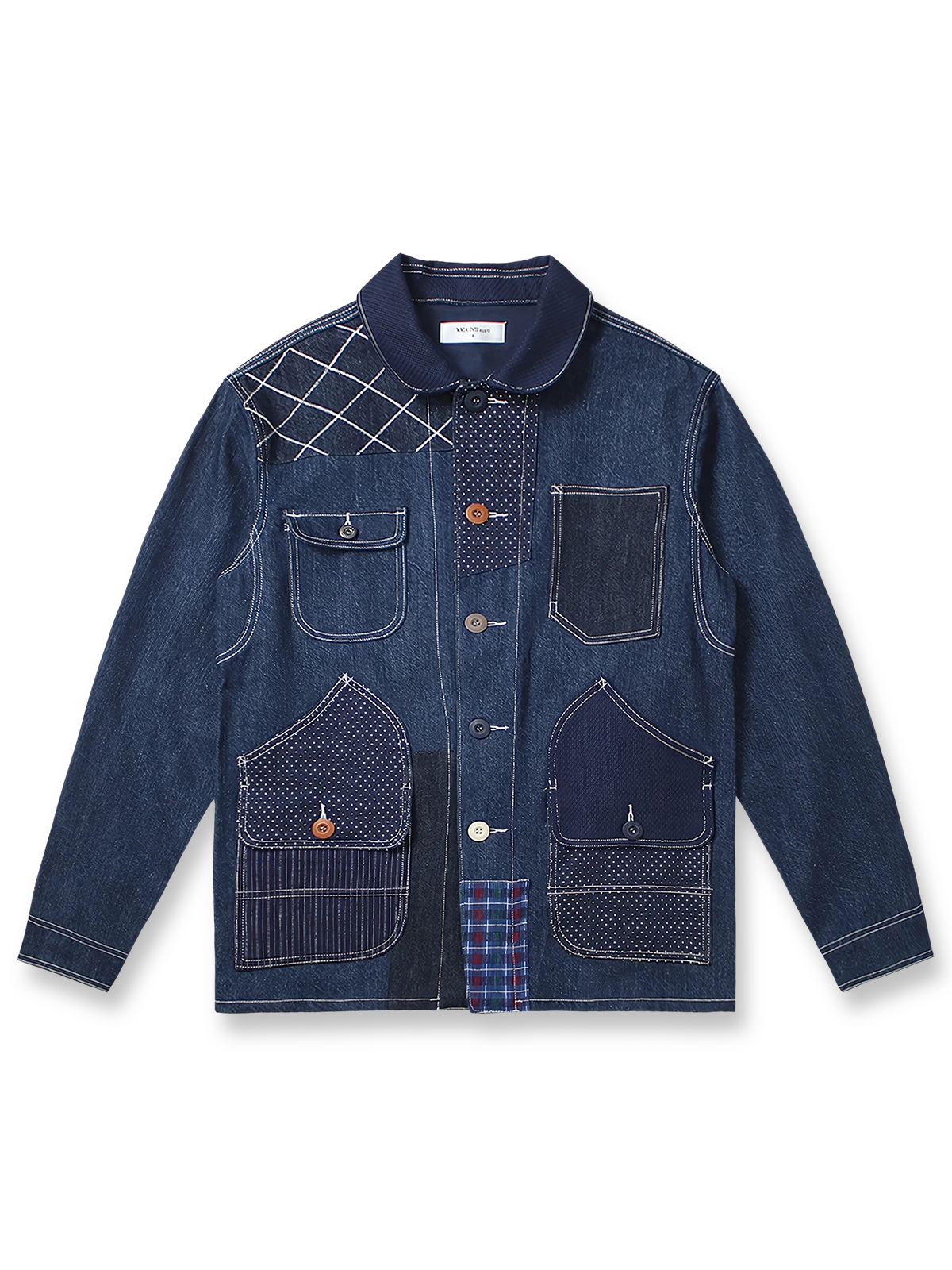 古布Boroパッチワーク刺し子デニムジャケットの全体正面画像、パッチワークと刺し子のディテール。