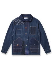 古布Boroパッチワーク刺し子デニムジャケットの全体正面画像、パッチワークと刺し子のディテール。