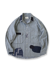 ボロパッチワークワークシャツの全体正面画像、チェック柄とペイズリーパッチワークのディテール。