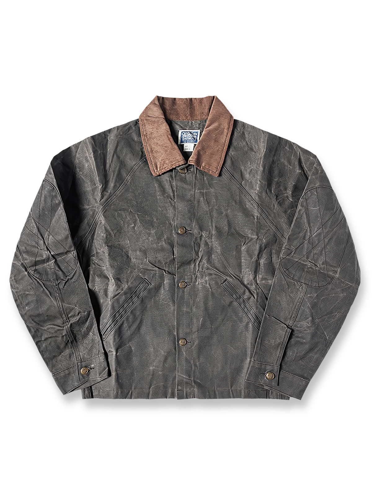 イギリスワックスドワークジャケットの全体正面画像、ワックス加工生地とコーデュロイ襟のディテール。