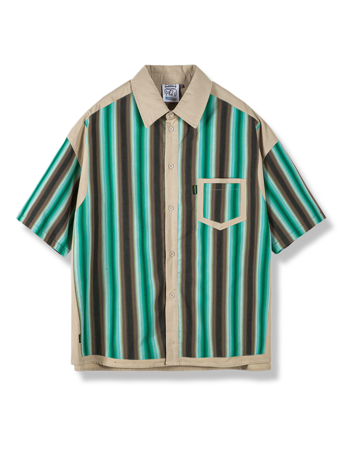 ブラウンとグリーンのストライプ柄、ゆったりシルエットの通気性純綿シャツ