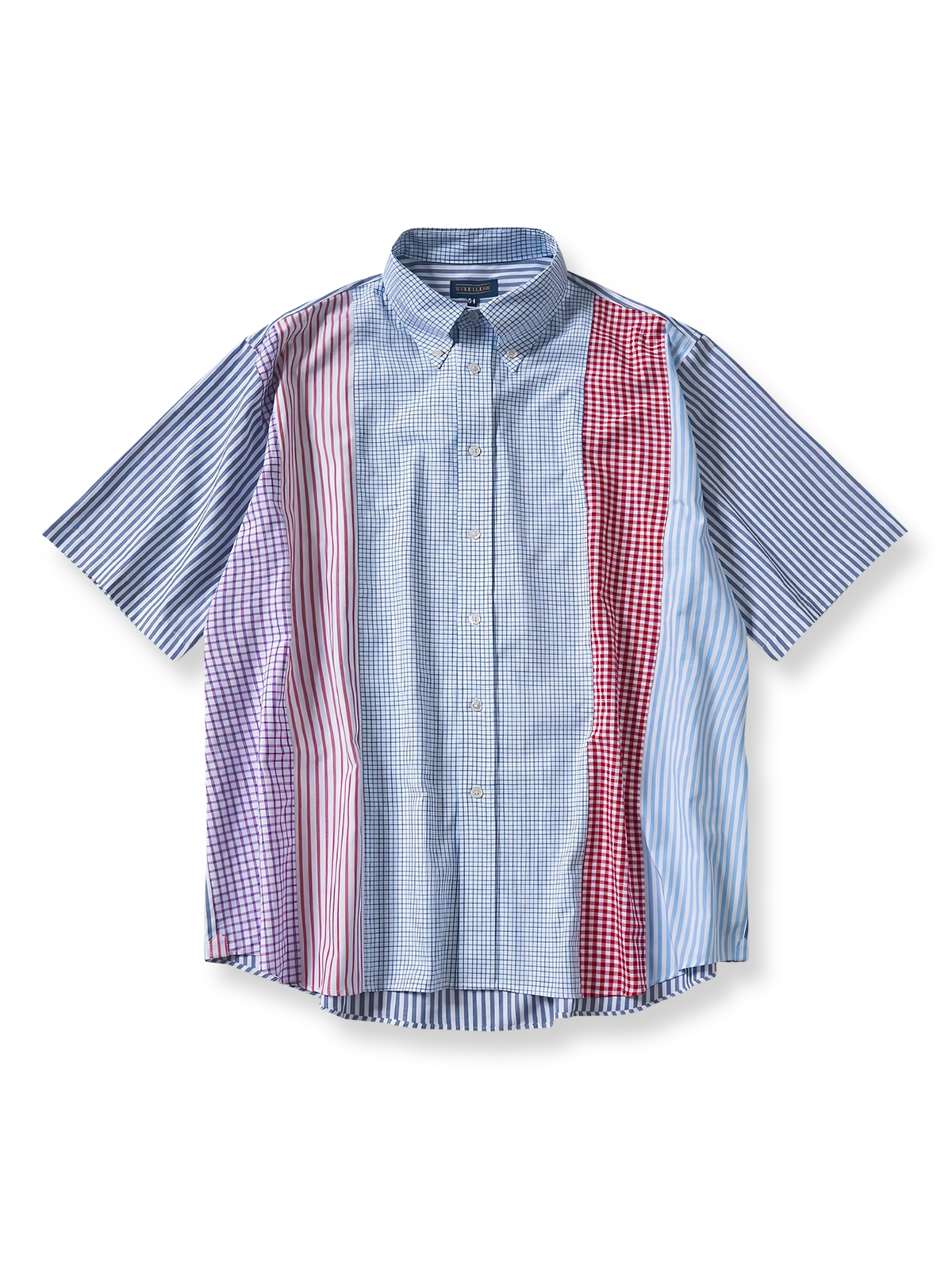 アイビーリーグ風ボタンダウンカラーとパッチワークチェックが特徴の綿製半袖シャツ