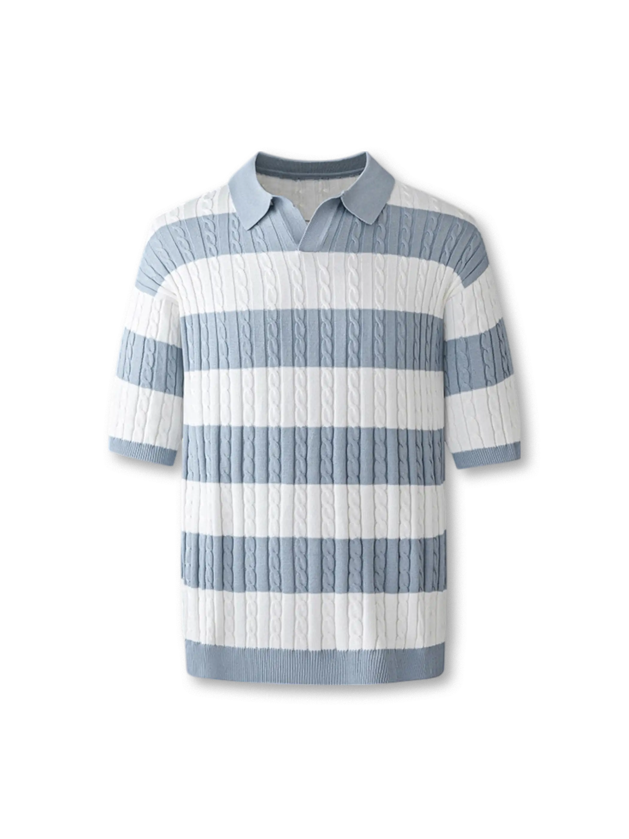 ケーブル柄とボーダーが映えるジャカード編みプルオーバーニットシャツ