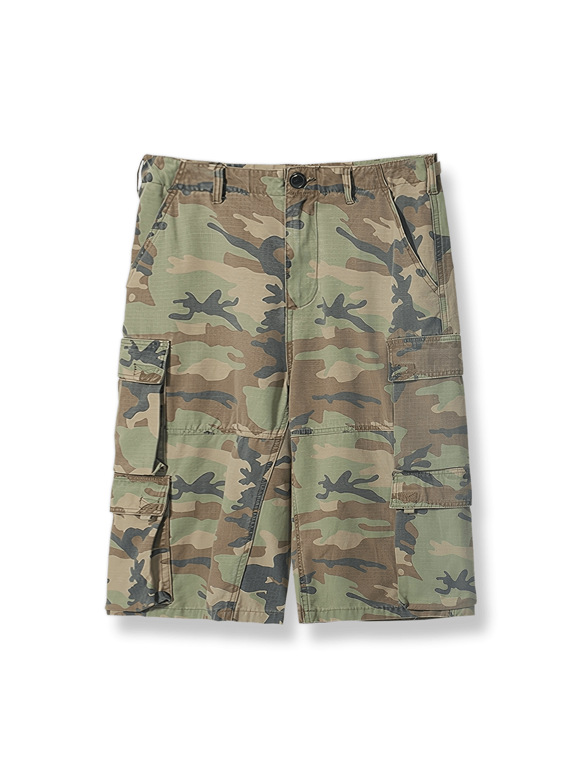 ガーメントウォッシュ加工が施されたカモフラージュ柄七分丈カーゴショーツ