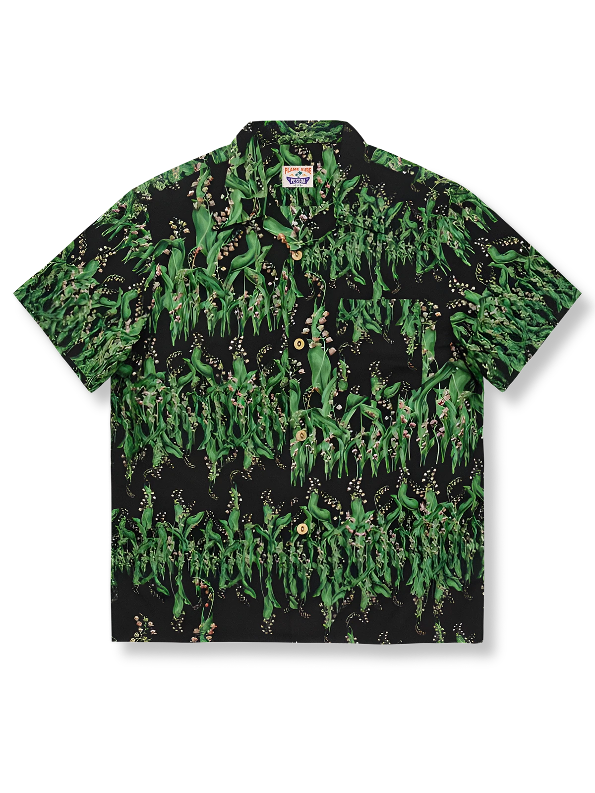 カンパニュラ花柄アロハシャツ、グリーンピンク、ルーズフィット、猫目ボタン、コットン素材