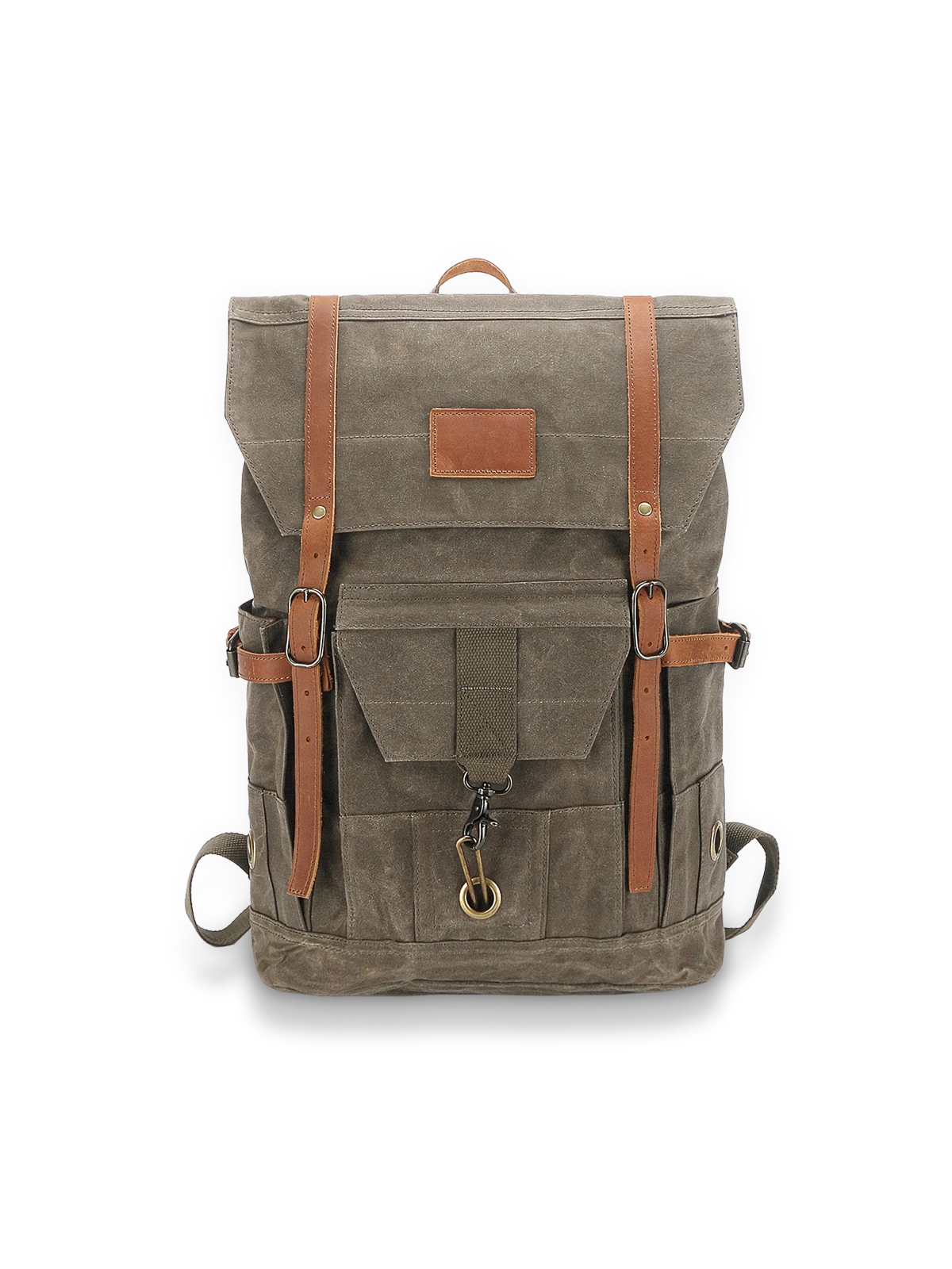 オイルワックスキャンバスとフルグレインレザーを組み合わせたヴィンテージデザインのアドベンチャーバックパックの全体像。