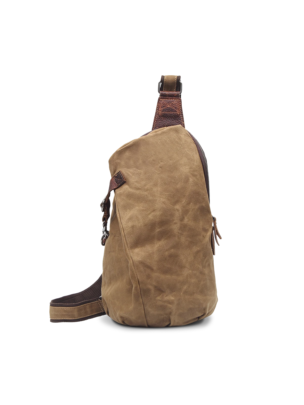 キャンバスとレザーのステッチが特徴のアウトドアショルダーバッグ