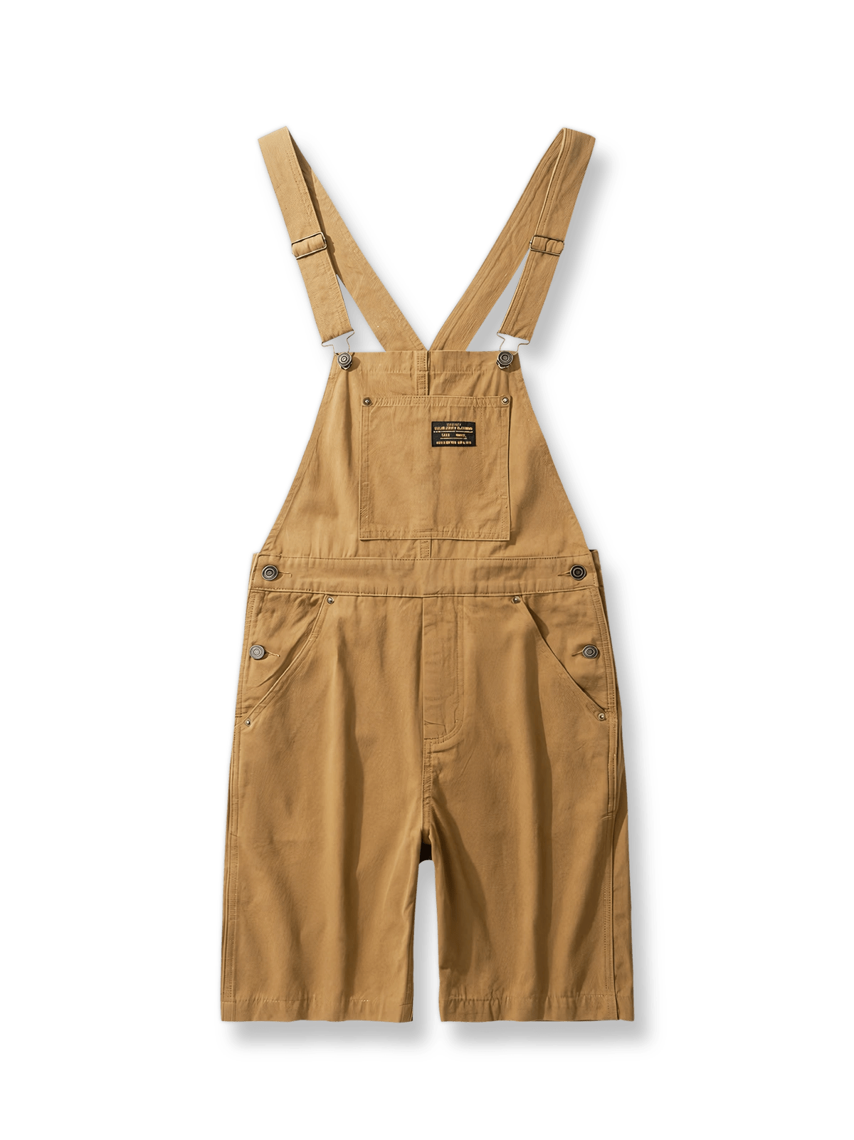 取り外し可能なキャンバスサスペンダーとアルミバックルが特徴のビーズキャンバスショートパンツ。