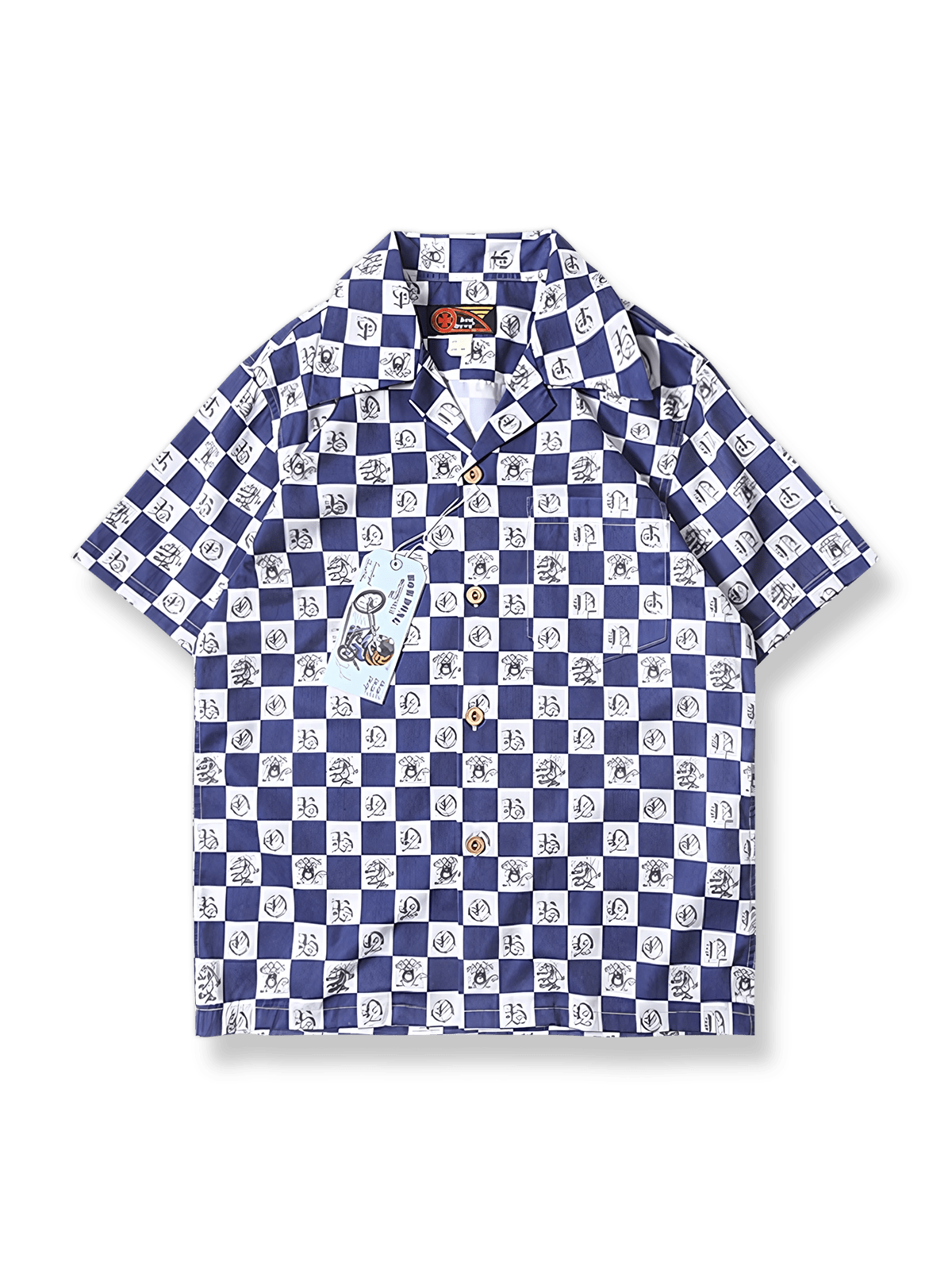 カートゥーンマウスとチェック柄のキューバカラ―シャツ