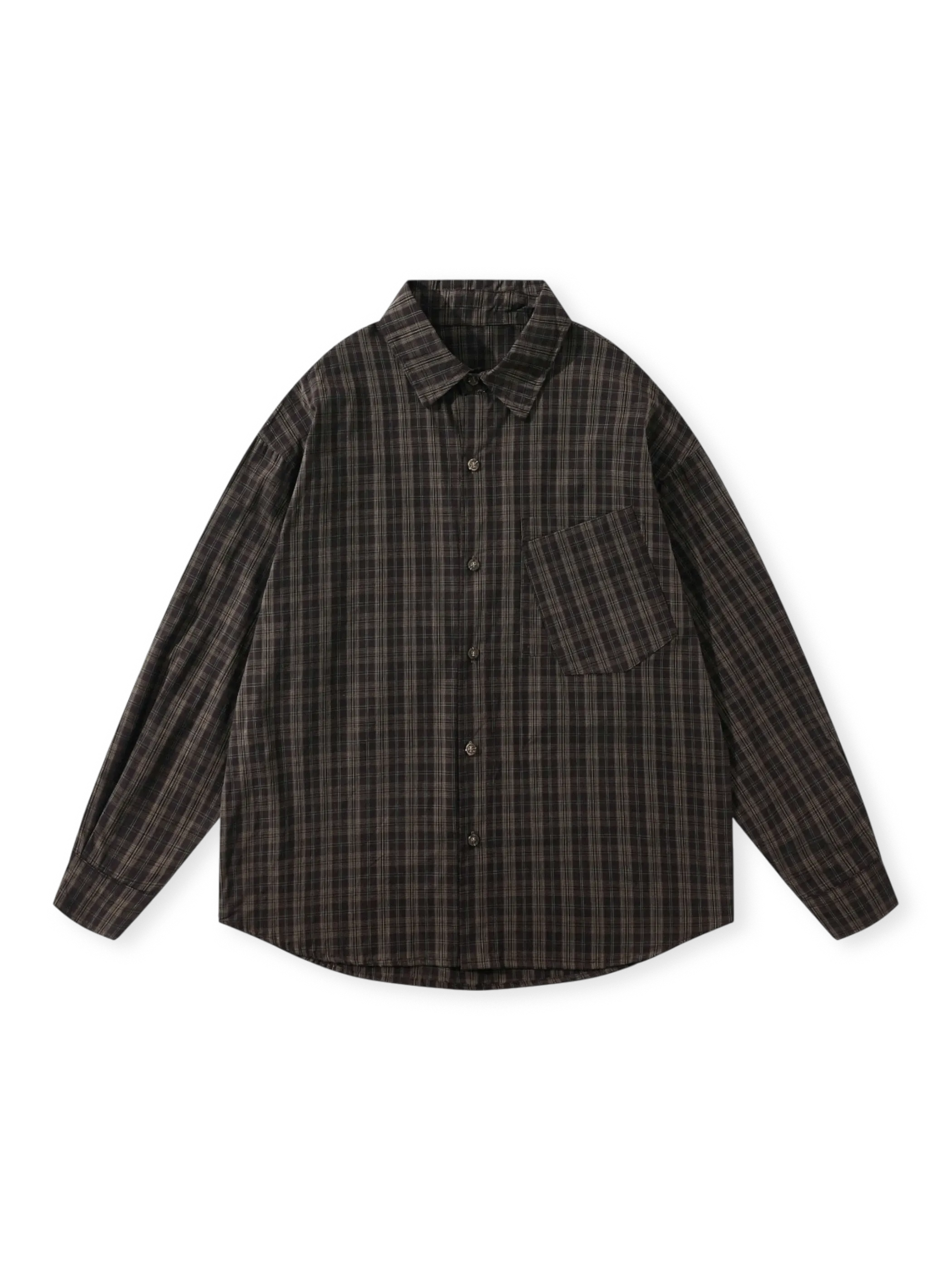 伝統的なチェック柄とアーチ裾を持つカジュアルシャツ。柔らかいコットン素材と胸ポケットが特徴。