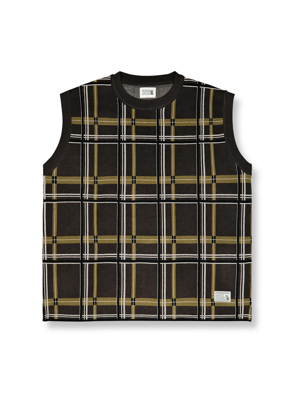 ウール混紡のチェック柄ニットベスト、レイヤードに最適な袖なしデザイン