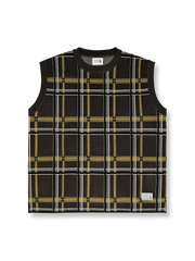 ウール混紡のチェック柄ニットベスト、レイヤードに最適な袖なしデザイン