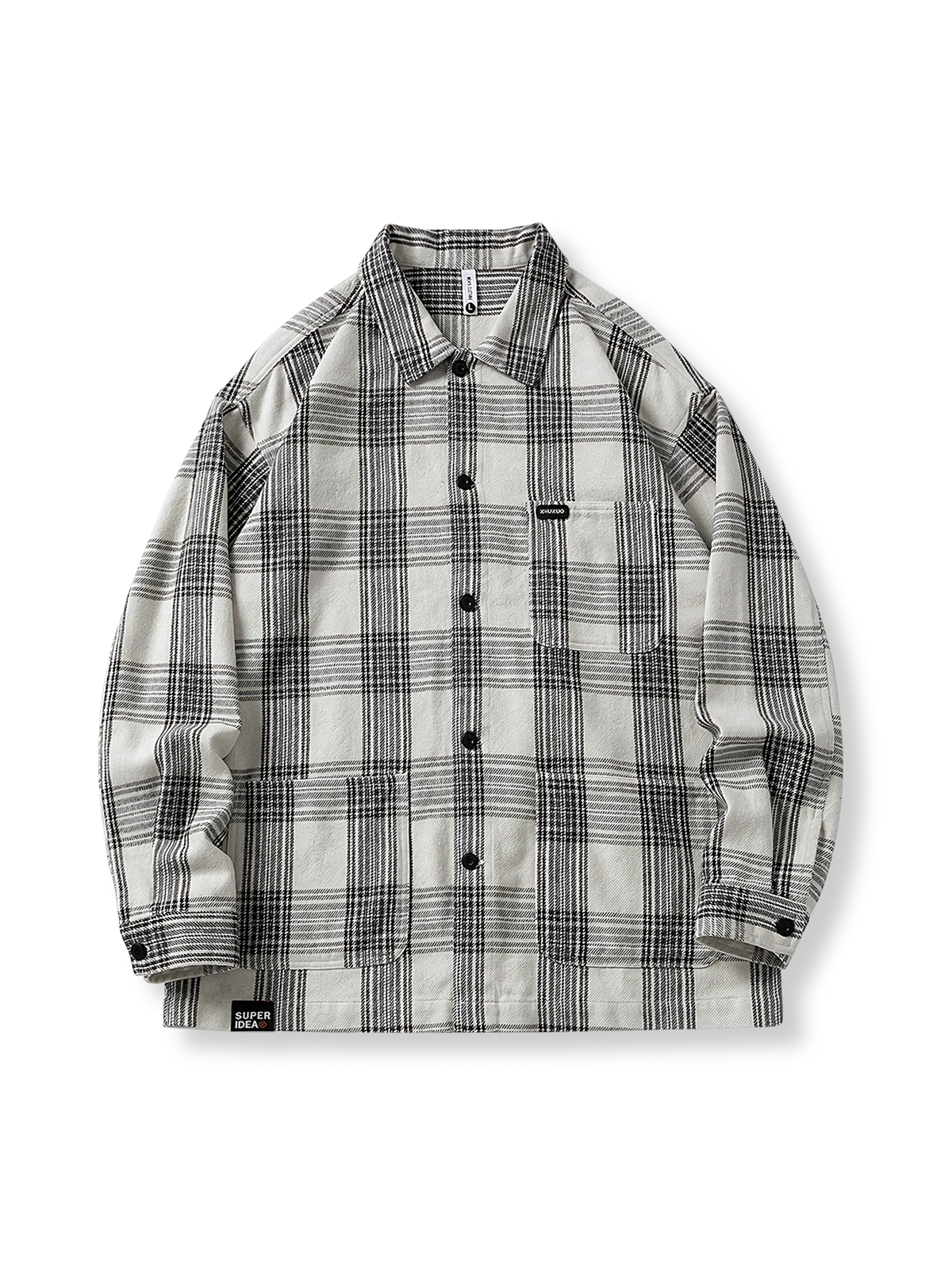 ブラック&ホワイトのチェック柄と大容量ポケットが特徴のコットンワークシャツの全体像。