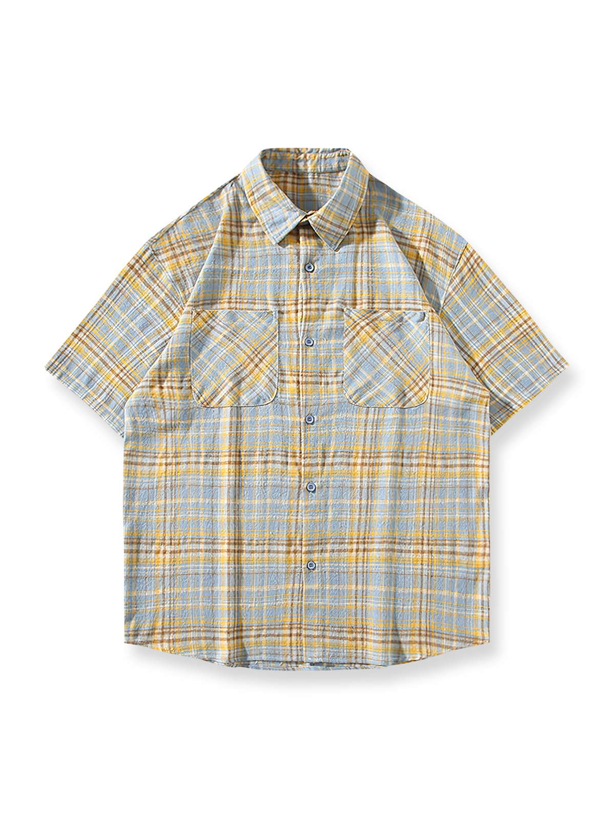 クラシックなチェック柄と二つの胸ポケットが特徴の半袖オープンカラーシャツの前面が見える商品画像