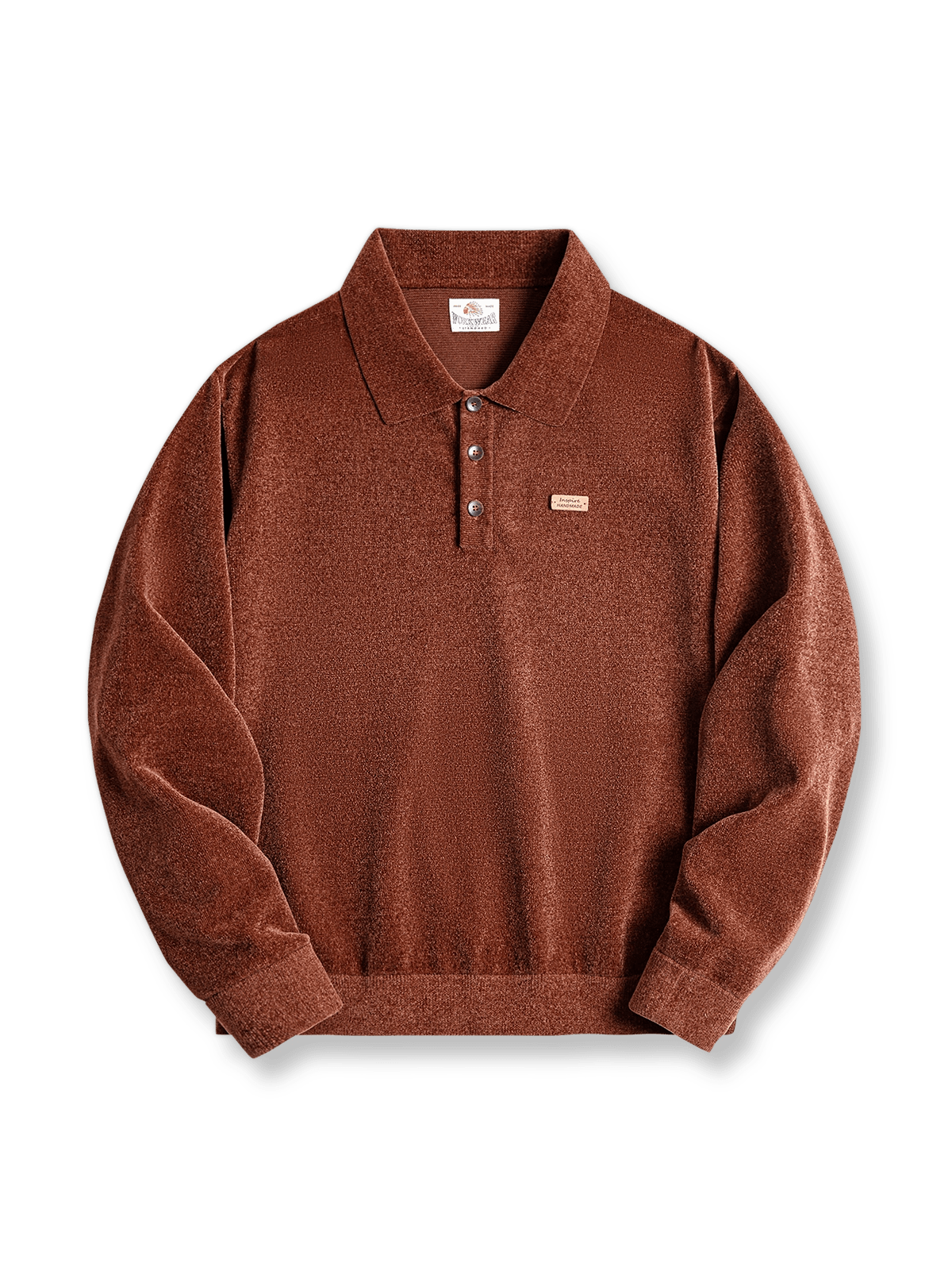 シェニール素材のハーフジップ襟付き長袖ポロシャツ