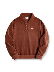 シェニール素材のハーフジップ襟付き長袖ポロシャツ