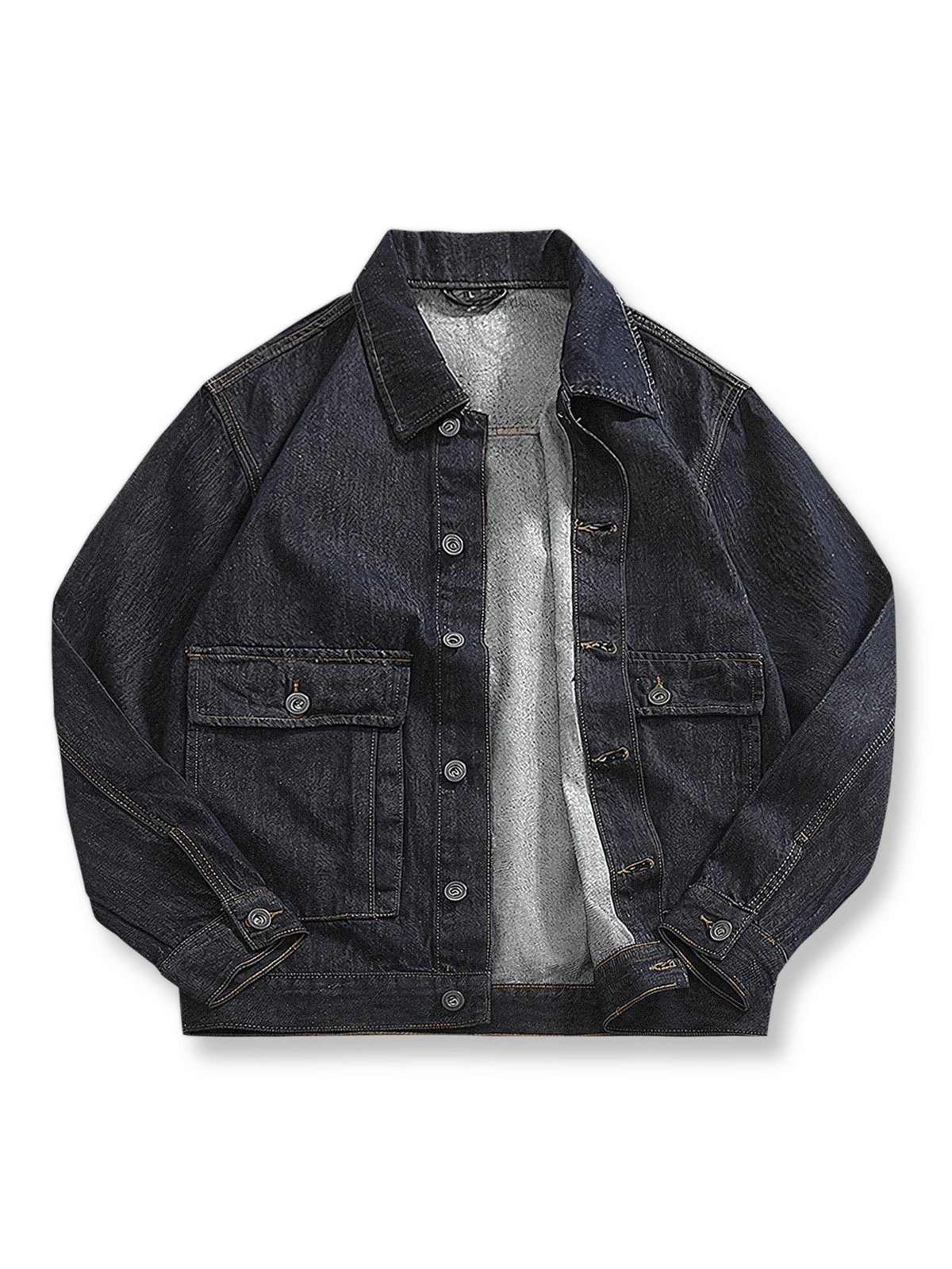 レギュラーカラーと多ポケットが特徴のワンウォッシュ生デニムワークジャケットの全体像。