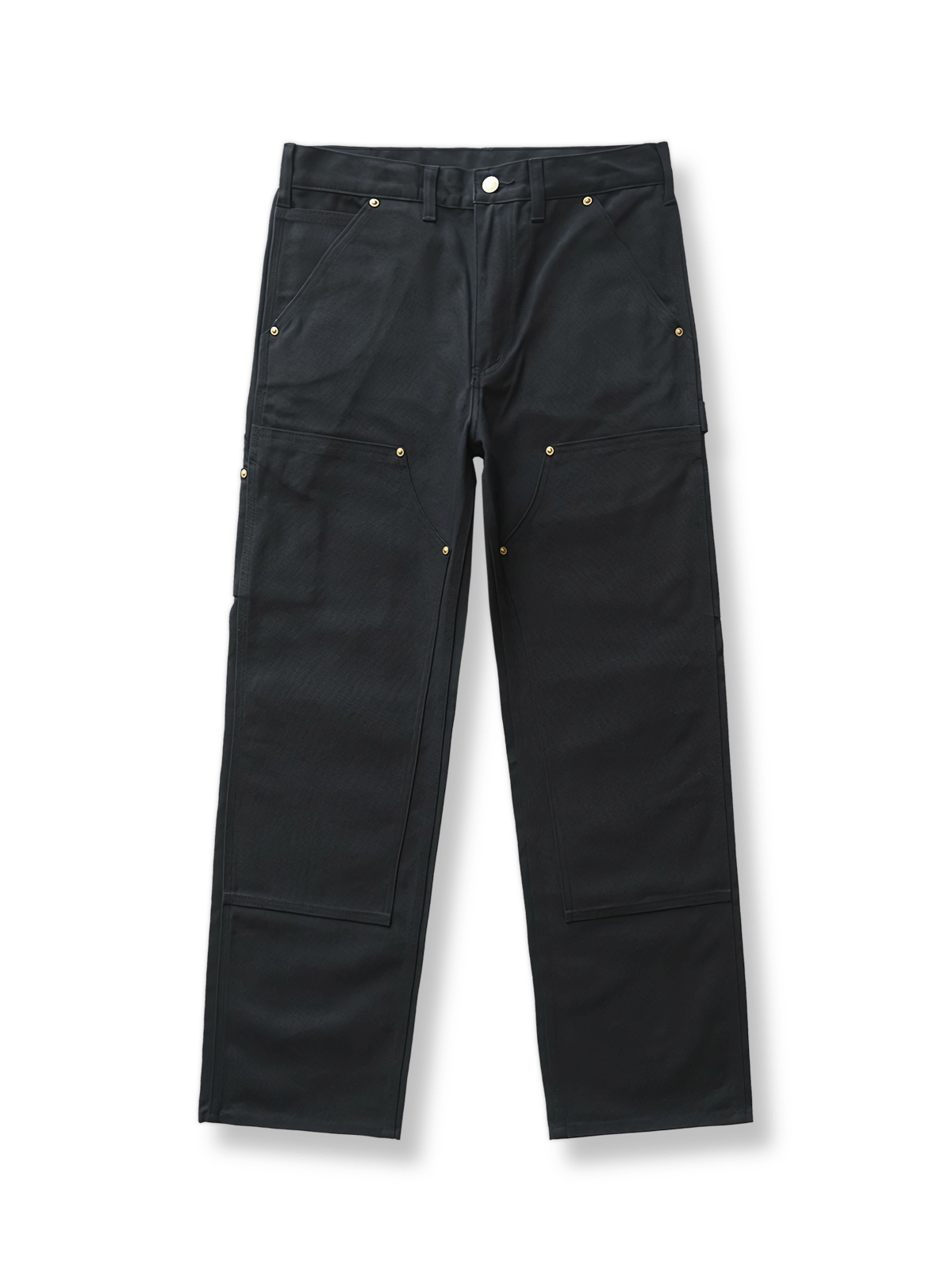 高密度キャンバス素材とヴィンテージレザーパッチを配したワイドストレートワークパンツ。