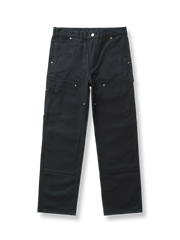 高密度キャンバス素材とヴィンテージレザーパッチを配したワイドストレートワークパンツ。