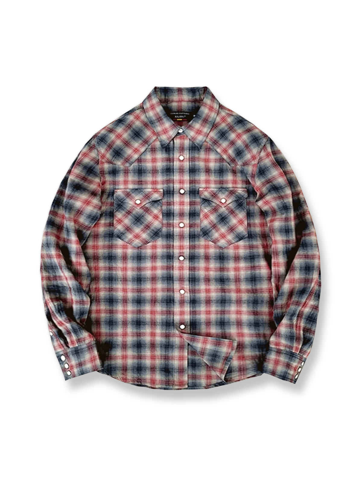 クラシックな格子柄とスナップボタンが特徴のコットンフランネル長袖カウボーイシャツ。
