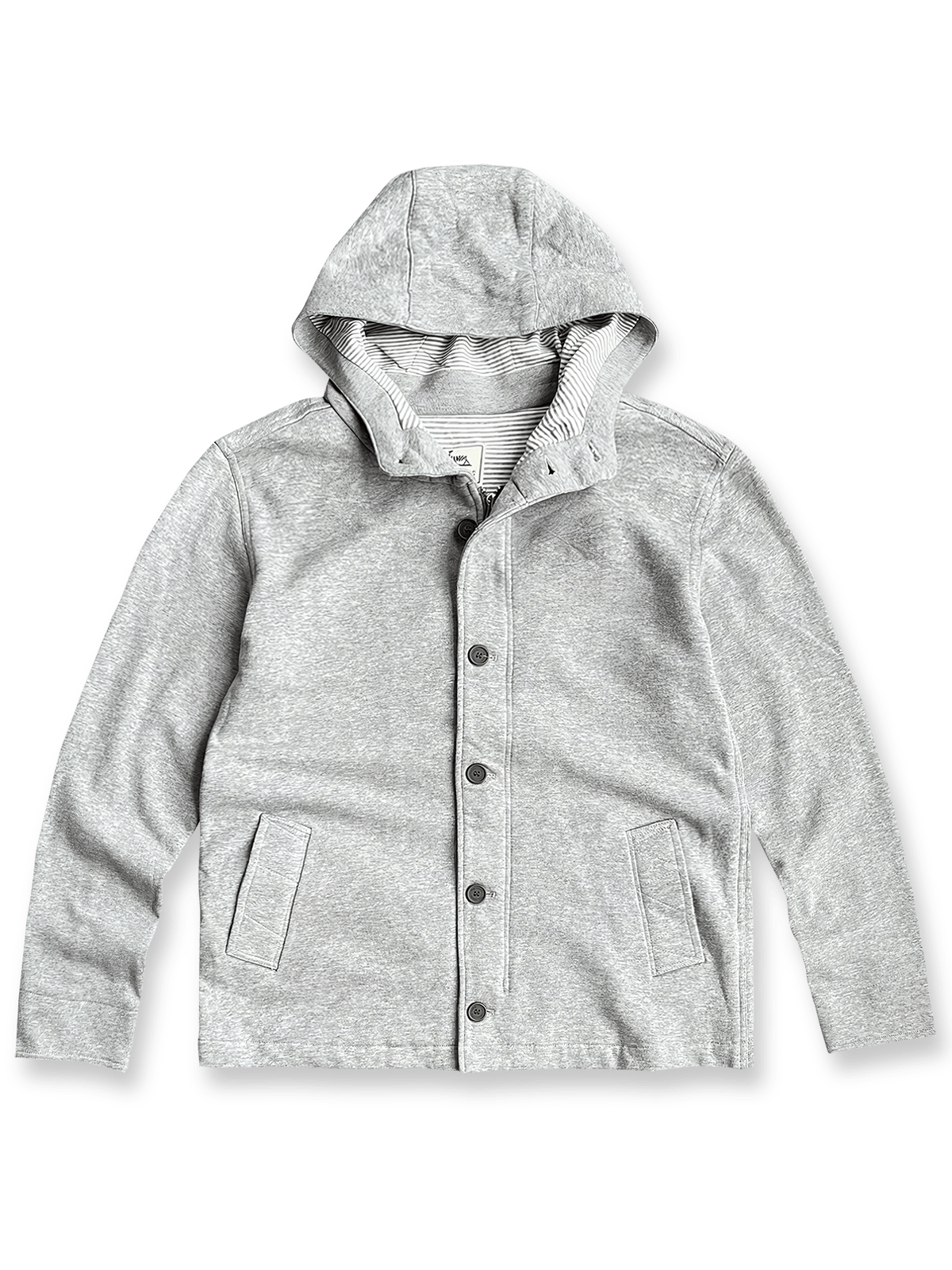 グレーの100%ピュアコットンフーディージャケット。スナップボタンとフード付きデザインで快適かつ洗練された印象のアイテム。