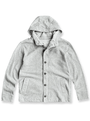 グレーの100%ピュアコットンフーディージャケット。スナップボタンとフード付きデザインで快適かつ洗練された印象のアイテム。
