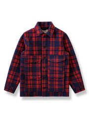 レッドとブルーのチェック柄が特徴のミディアム丈ウールジャケット。