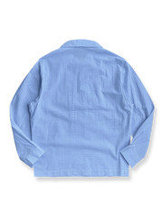 製品画像:Cleanfitシアサッカースタンドカラージャケット全体の外観
詳細画像:袖口ボタンとシアサッカー素材の質感ディテール